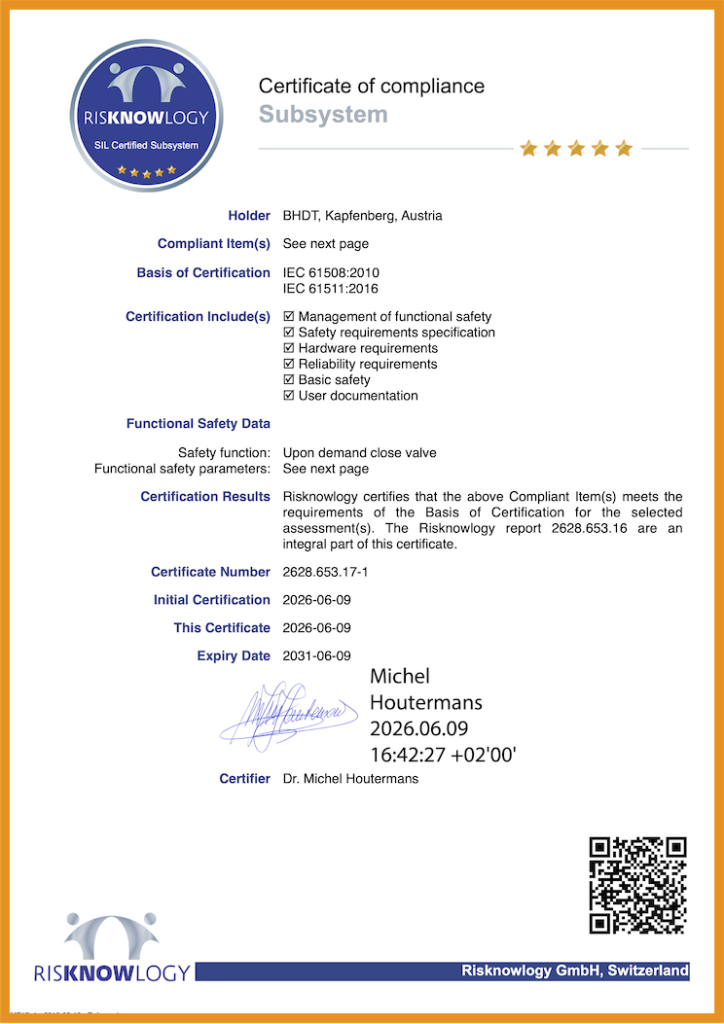 BHDT High-Pressure Valves and Final Element Assemblies Achieve SIL Certification Under IEC 61508 and IEC 61511